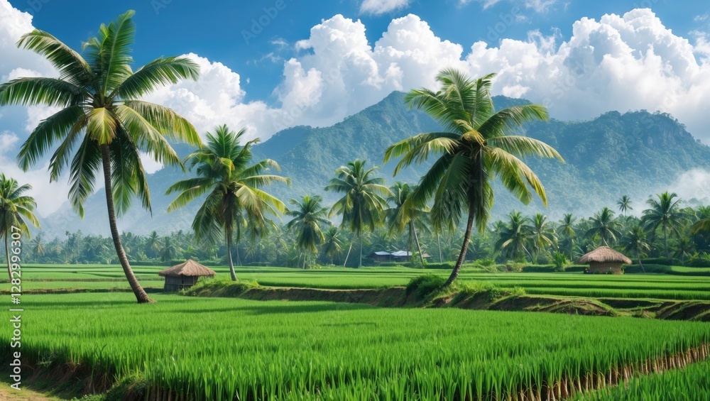 Poster lush green rice fields with palm trees against a backdrop of mountains and blue sky with scattered c