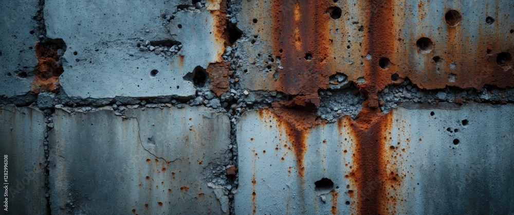 Poster rusty and weathered concrete wall with corrosion and textured surface showing signs of deterioration