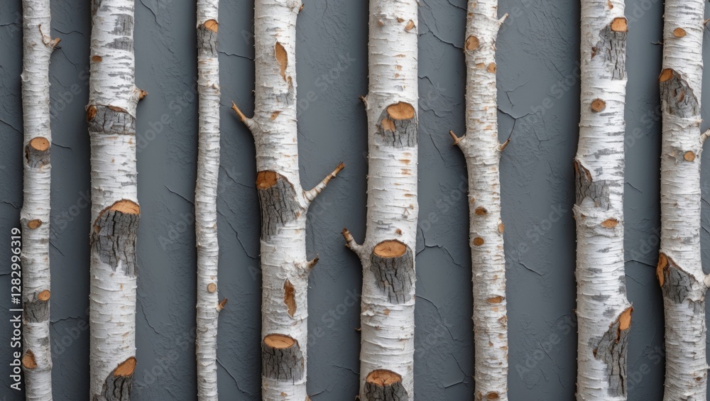 Poster vertical arrangement of birch tree trunks with white bark and orange patches against a textured gray