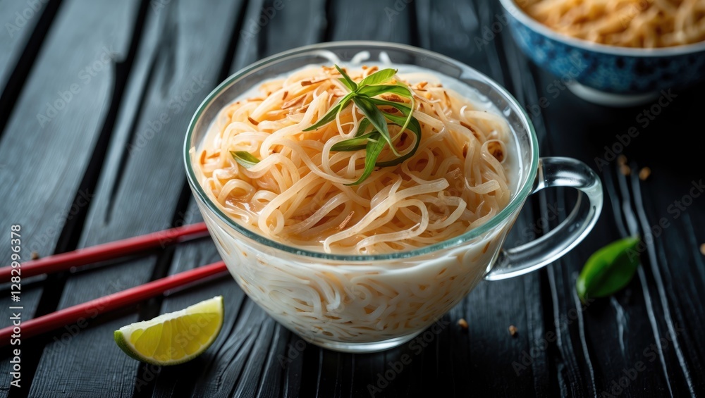 Poster bowl of rice noodles garnished with peanuts and herbs on a black wooden table with chopsticks and li