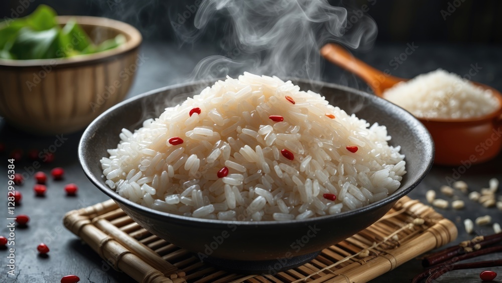 Aufkleber steaming bowl of rice with red beans on a wooden mat with additional bowls and ingredients in a diml