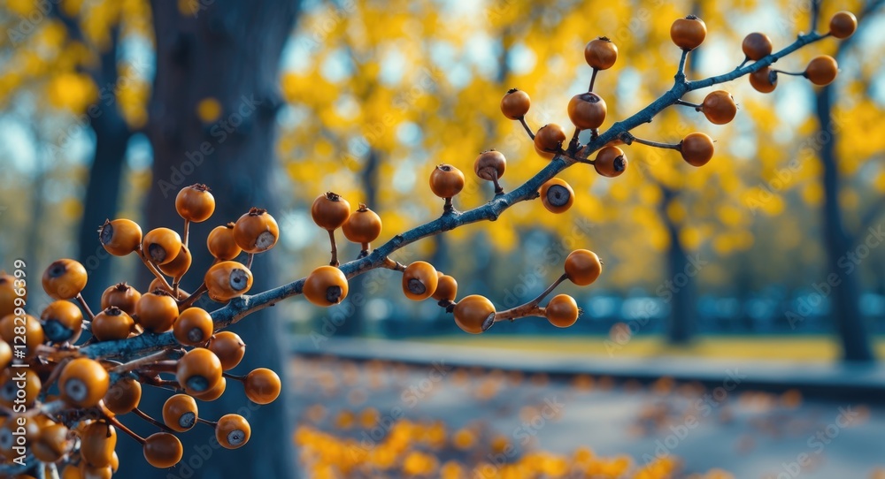 Poster branch of small yellow berries with blurred autumn trees in background showcasing vibrant foliage an