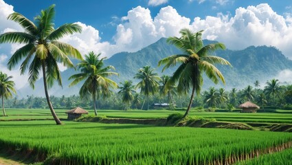 Naklejka premium Lush green rice fields with palm trees against a backdrop of mountains and blue sky with scattered clouds