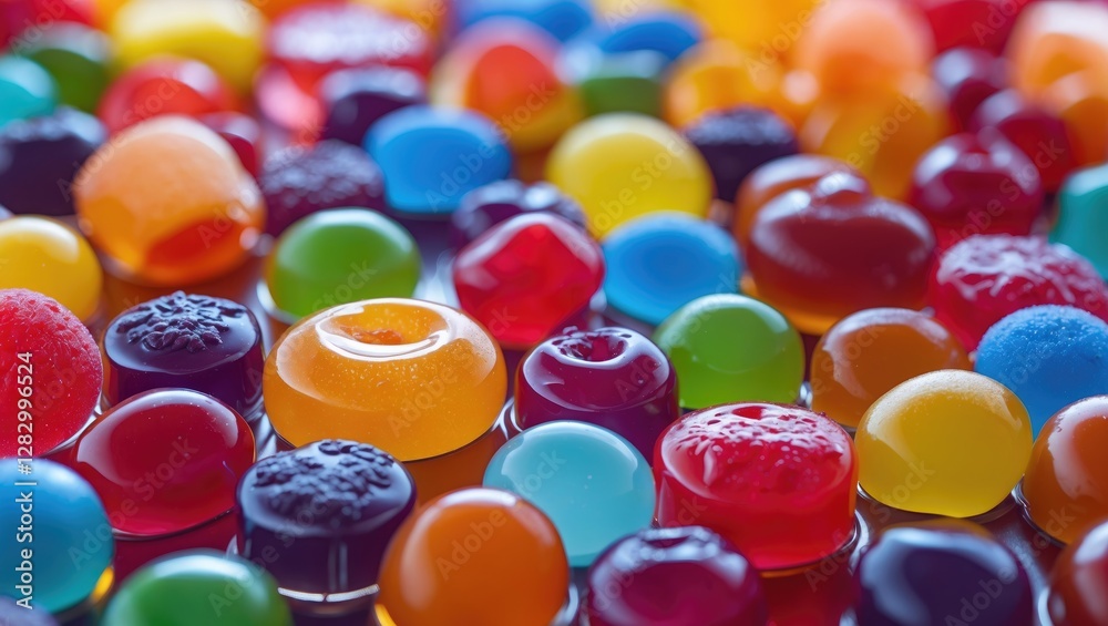 Aufkleber colorful assorted gummy candies in various shapes and sizes on reflective surface in close up detail