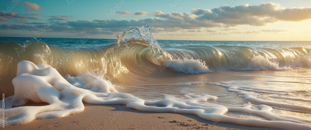 Poster ocean waves crashing on sandy beach with foam in foreground under a partly cloudy sky at sunset