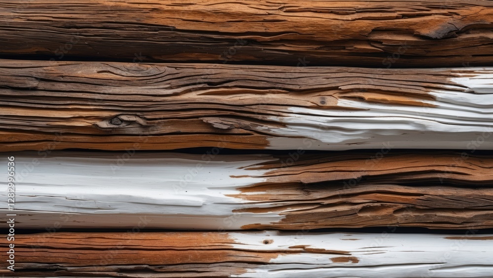 Poster close-up of weathered wooden planks in various shades of brown and white with visible grain texture 