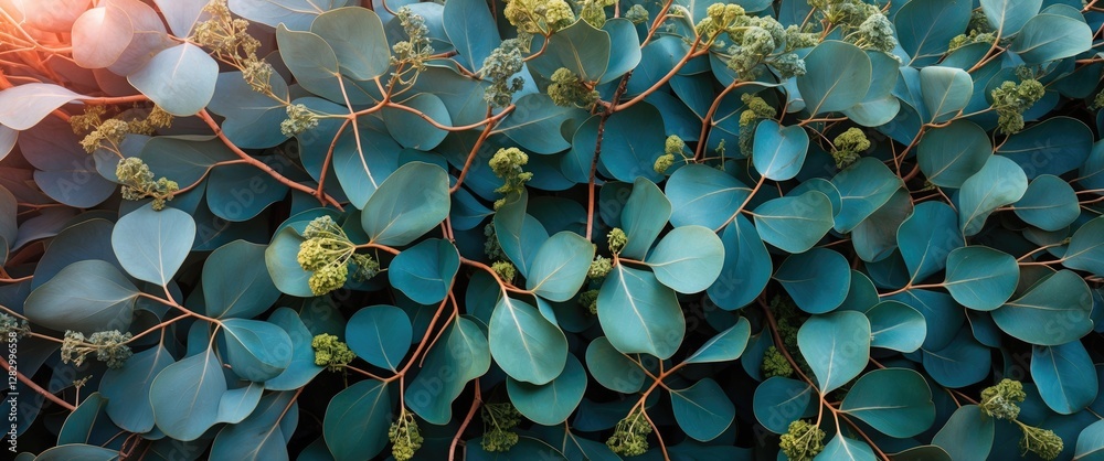 Poster eucalyptus leaves with buds in a dense arrangement showcasing green tones and textures natural backg
