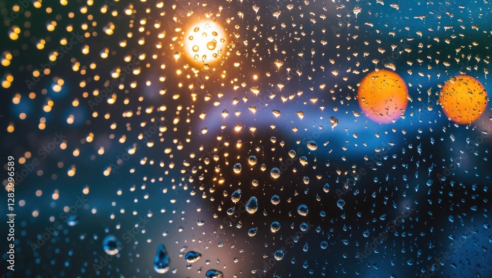 Aufkleber close-up of raindrops on a glass surface with blurred city lights in the background during twilight 