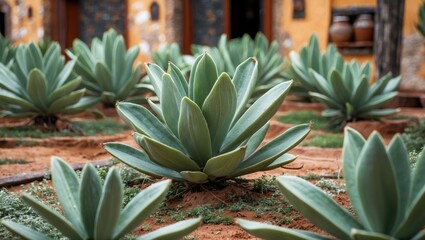 Obraz premium Agave plants arranged in a cultivated outdoor garden with earthy soil and rustic background elements