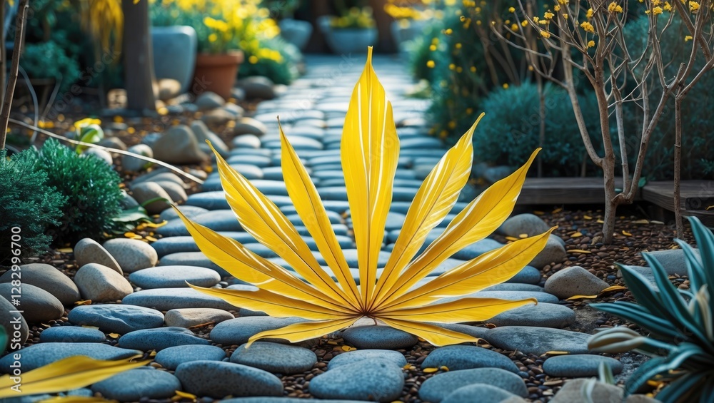 Poster yellow palm leaf on stone pathway surrounded by greenery in a garden setting during daylight.