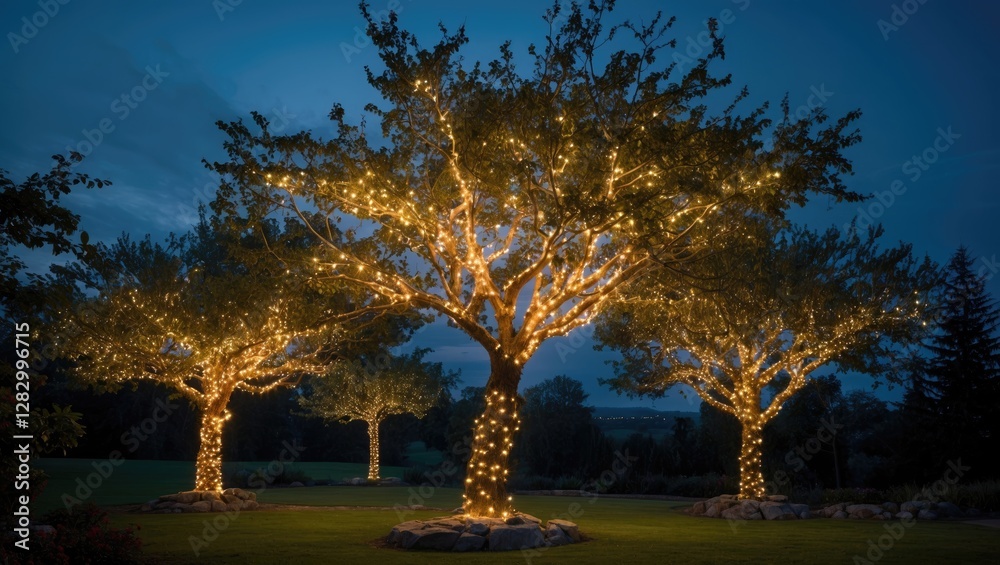 Poster Three illuminated trees in a garden decorated with warm string lights during twilight hours creating a festive atmosphere.