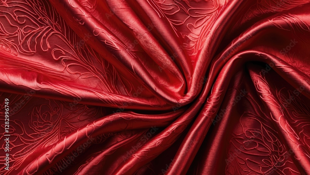 Poster red satin fabric with intricate embossed floral pattern display laid out in folds and ripples.