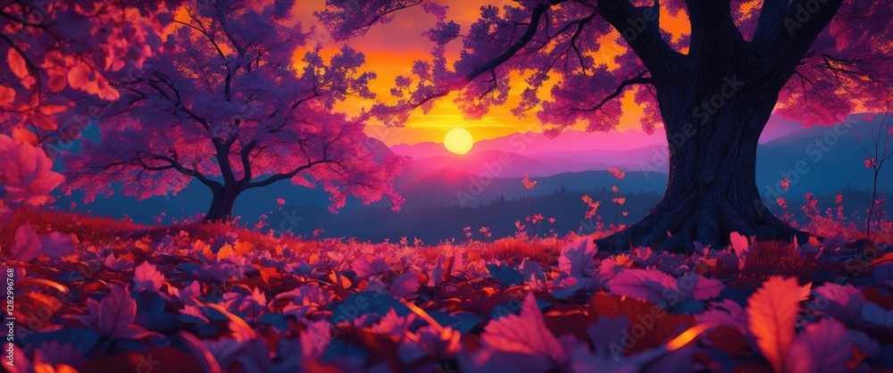 Poster sunset over a colorful landscape with pink foliage trees and mountains in the background illuminated