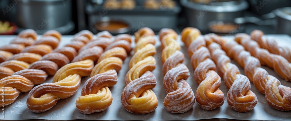 Poster freshly baked twisted pastry dessert arranged in rows on a tray in a bakery kitchen setting