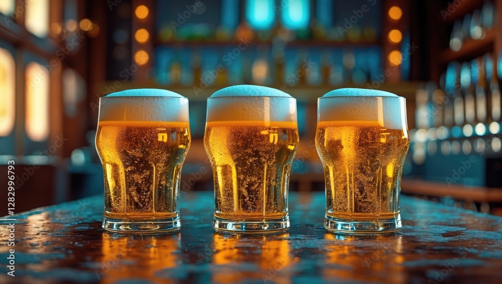 Aufkleber Three pint glasses of golden beer with frothy tops arranged on a rustic wooden table in a dimly lit bar setting