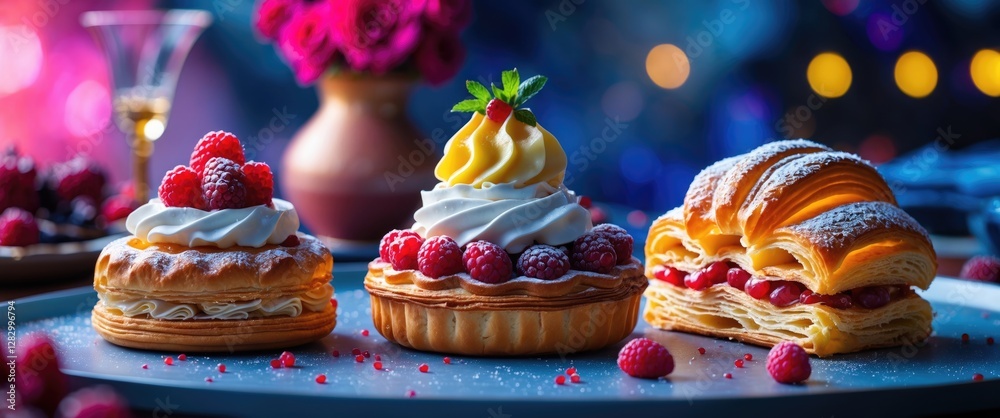 Poster assorted desserts including raspberry tart pastry cream swirls and croissant on a table with vibrant background and blurred lights