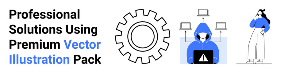 Gear symbol, hacker with connected laptops alerting cyber risk, thoughtful professional on phone. Ideal for tech solutions, cybersecurity, innovation, teamwork, management, planning flat landing © robu_s