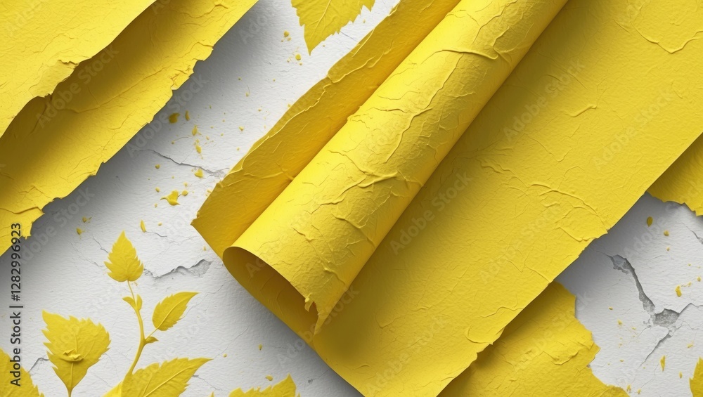Aufkleber textured yellow paper rolls with peeling edges against a white wall featuring subtle leaf patterns a