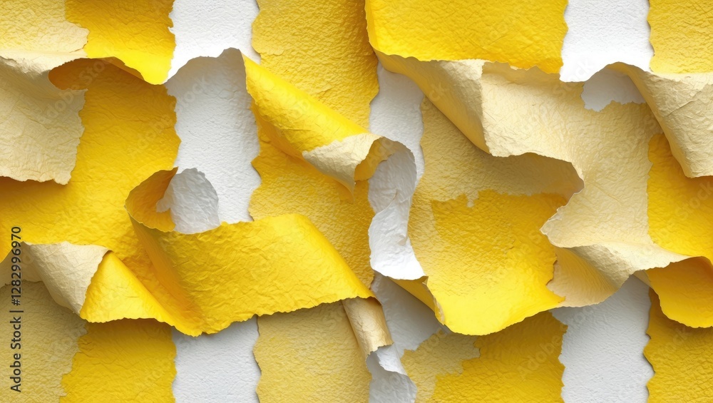 Poster Textured background with curled yellow and white paper strips creating an abstract layered effect.