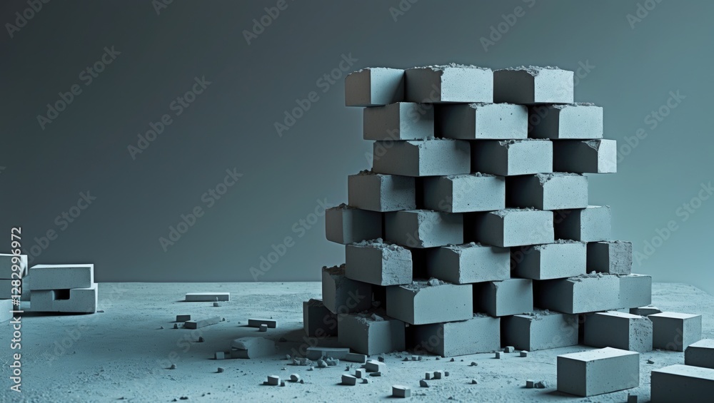 Poster Stacked concrete blocks in an industrial setting with scattered debris on a flat surface and a gradient background