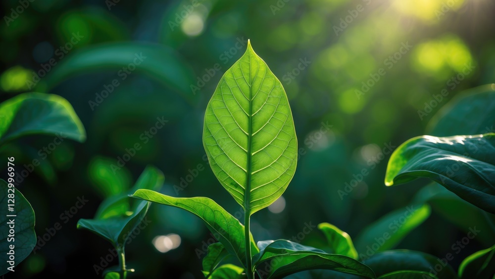 Poster close-up of a vibrant green leaf with intricate veins surrounded by lush foliage illuminated by soft