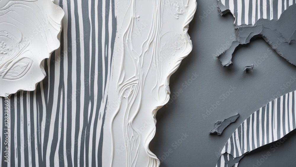 Poster Textured gray and white surface with abstract patterns and layers resembling paint or clay in a modern artistic composition