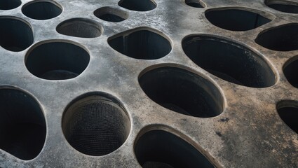 Textured surface with abstract circular openings creates a modern artistic composition showcasing depth and intricate design elements.