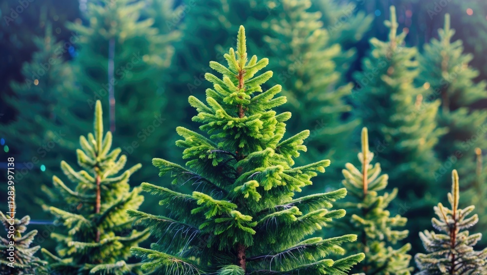 Poster close-up of lush green pine trees in a forest setting with soft natural lighting and blurred backgro