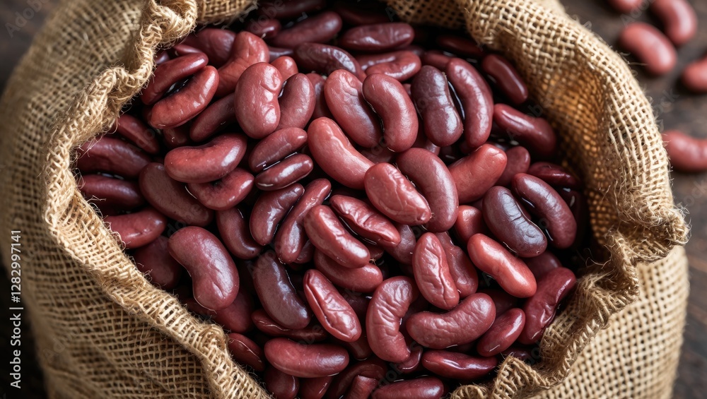 Poster red kidney beans in a burlap sack on a wooden table close-up view