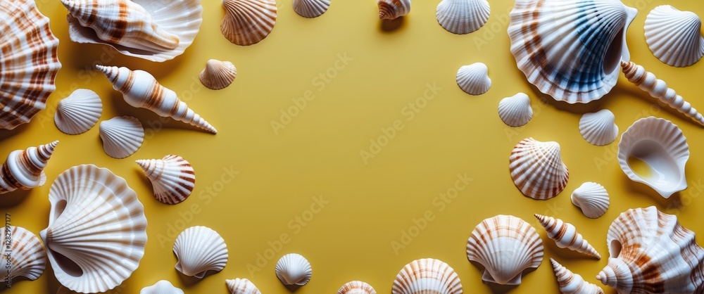Aufkleber array of seashells on a vibrant yellow background arranged in a decorative flat lay composition for 