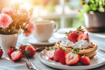 Fresh Waffles with Strawberries and Whipped Cream on Table
