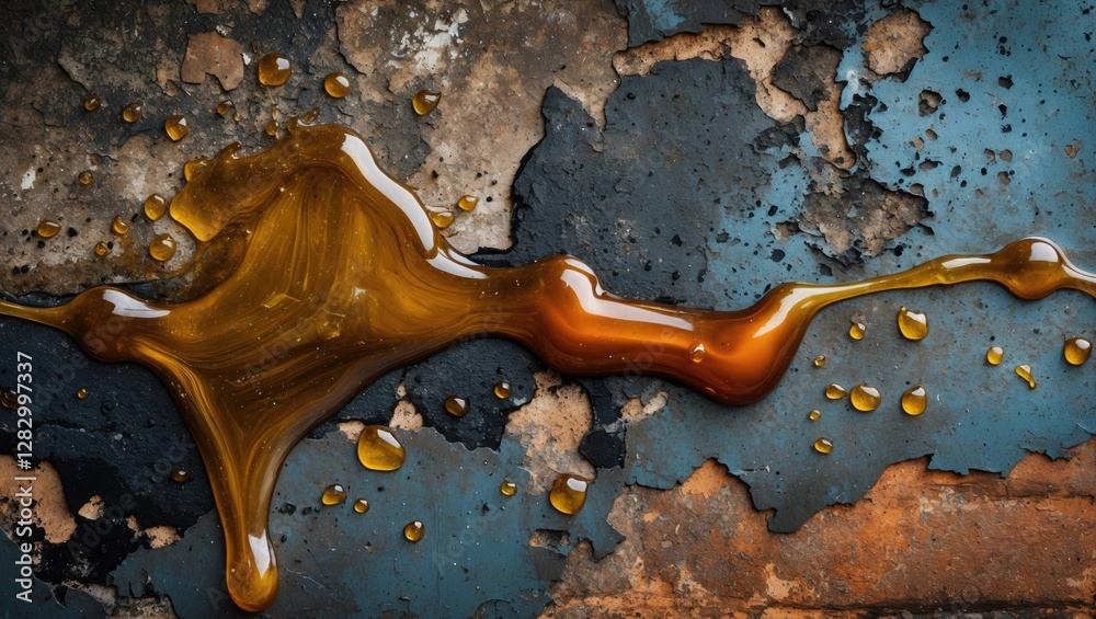 Aufkleber Liquid amber resin pooling on a textured weathered surface with peeling paint and rust, creating an abstract visual composition.