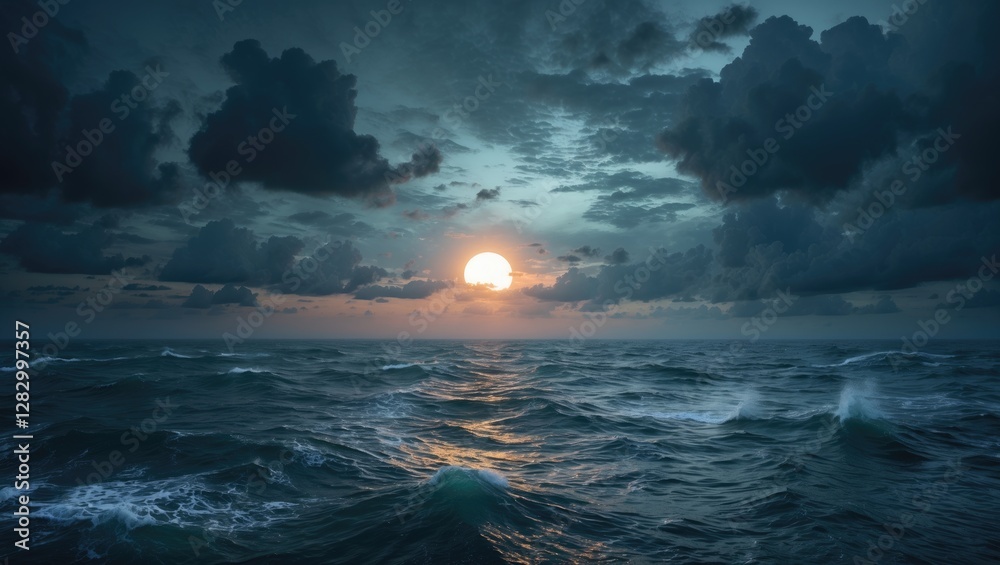 Poster Sunset over turbulent ocean waters with dramatic clouds and reflections in the water creating a moody atmosphere during twilight hours.