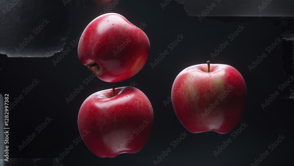 Aufkleber red apples on a dark background showcasing three ripe, glossy apples with reflections highlighting t