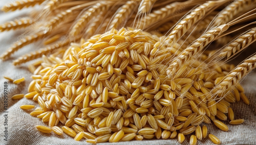 Poster heap of yellow wheat grains with wheat ears on textured fabric background
