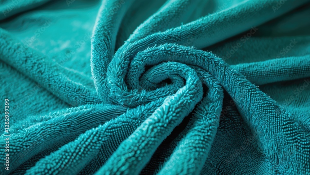 Poster close-up of soft turquoise microfiber towel fabric texture with intricate details and plush fibers t