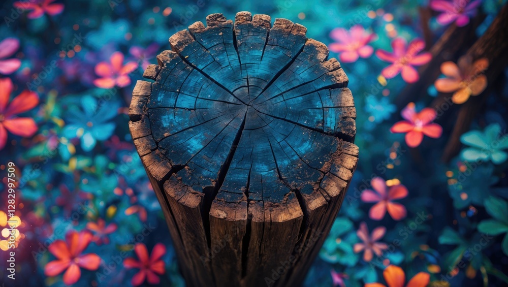 Poster Close-up of a cross-section of a tree stump surrounded by colorful flowers in a vibrant natural setting