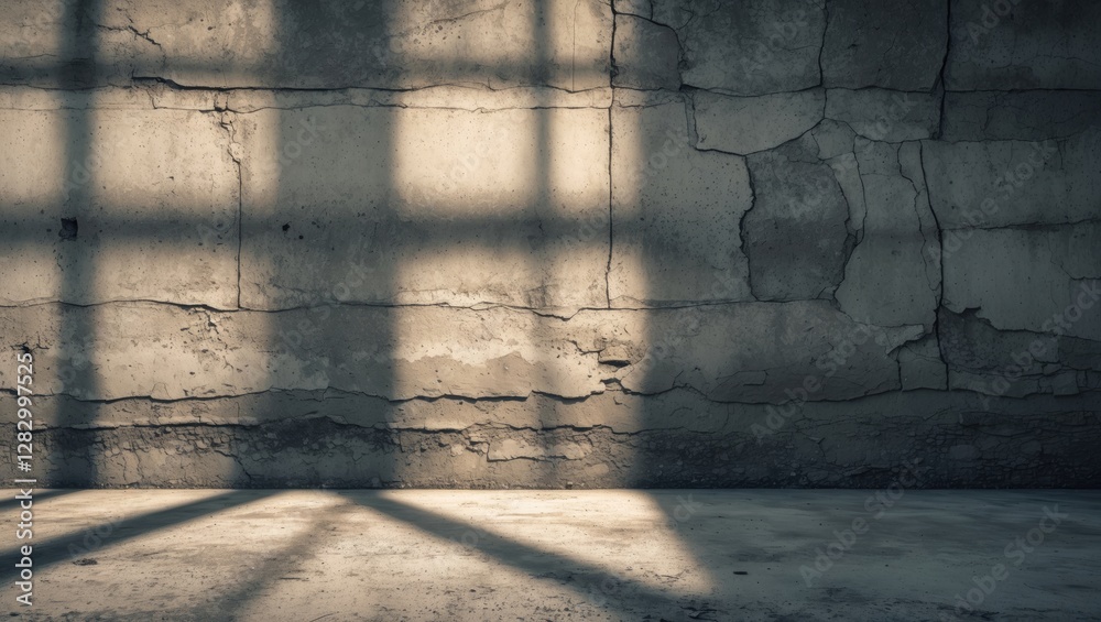 Poster gray cracked wall with shadows from window light on the floor in an empty room interior.