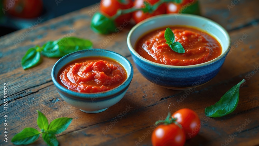 Aufkleber tomato sauce in two bowls with basil leaves and cherry tomatoes on rustic wooden surface