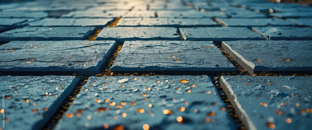 Poster wet cobblestone pavement with reflections and texture in natural light, focus on surface details and