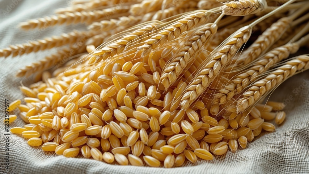Poster wheat grains and harvested wheat ears arranged on textured fabric background displaying agricultural