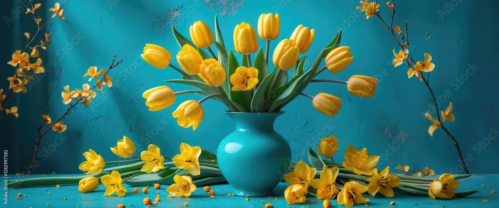 Poster yellow tulips and orchids in a turquoise vase with scattered flowers on a blue surface and textured 