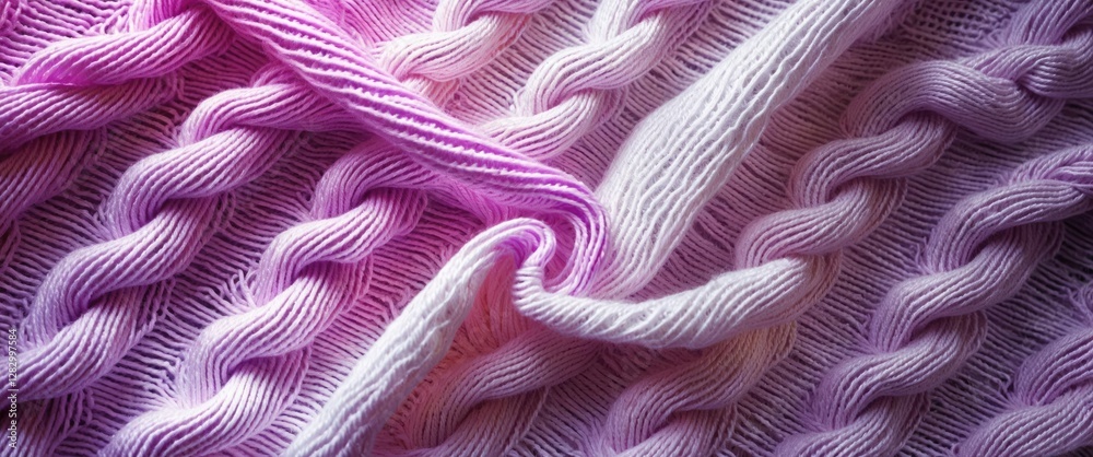 Poster Close-up view of soft knitted fabric in pink and white tones with textured pattern of twisted cables and folds.