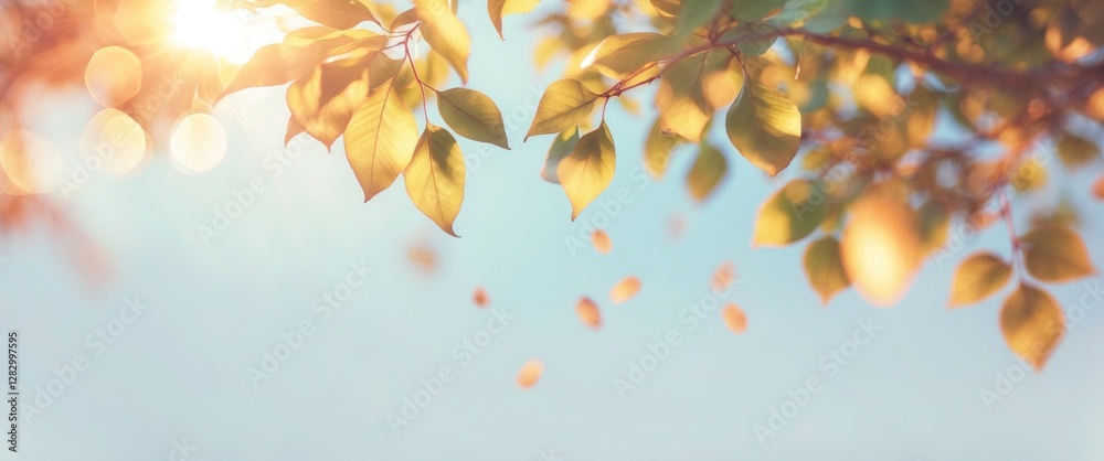 Aufkleber Bright sunlight filtering through green leaves with soft bokeh and floating leaves in a tranquil outdoor setting.