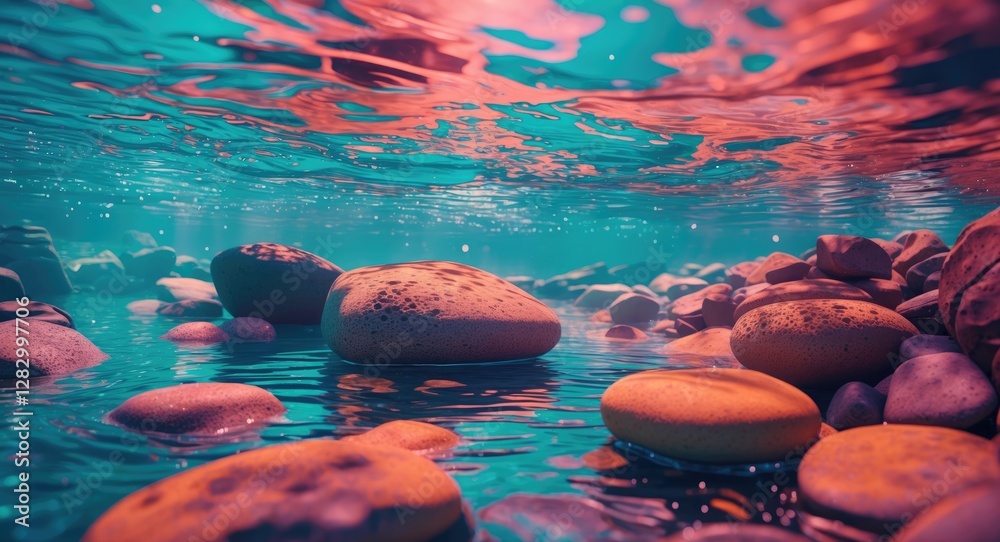 Poster underwater scene with colorful pebbles and rocks along the riverbed illuminated by sunlight filterin