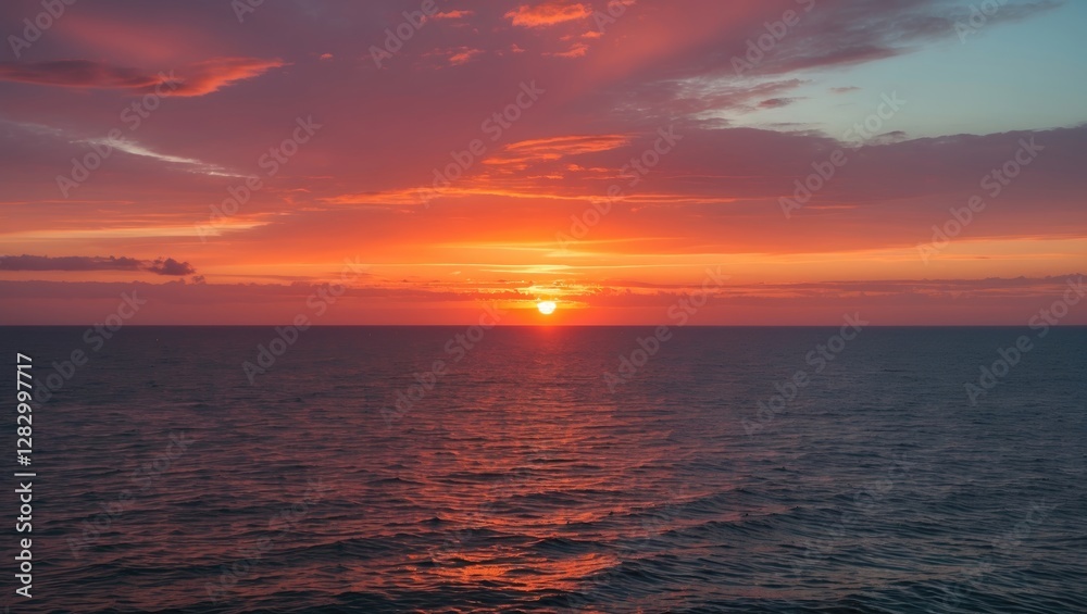 Poster sunset over calm ocean waters with colorful clouds reflecting orange and pink hues in the sky during