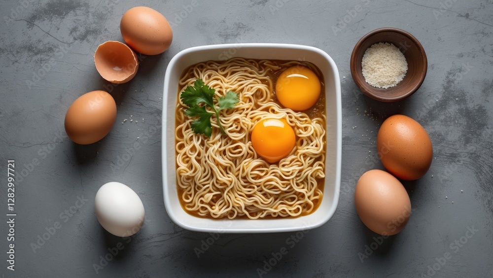 Aufkleber egg noodles with raw eggs and fresh herbs surrounded by various eggs and a small bowl of seasoning o