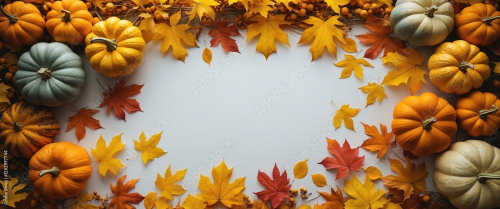 Poster autumnal composition featuring various pumpkins and colorful fall leaves on a neutral background for