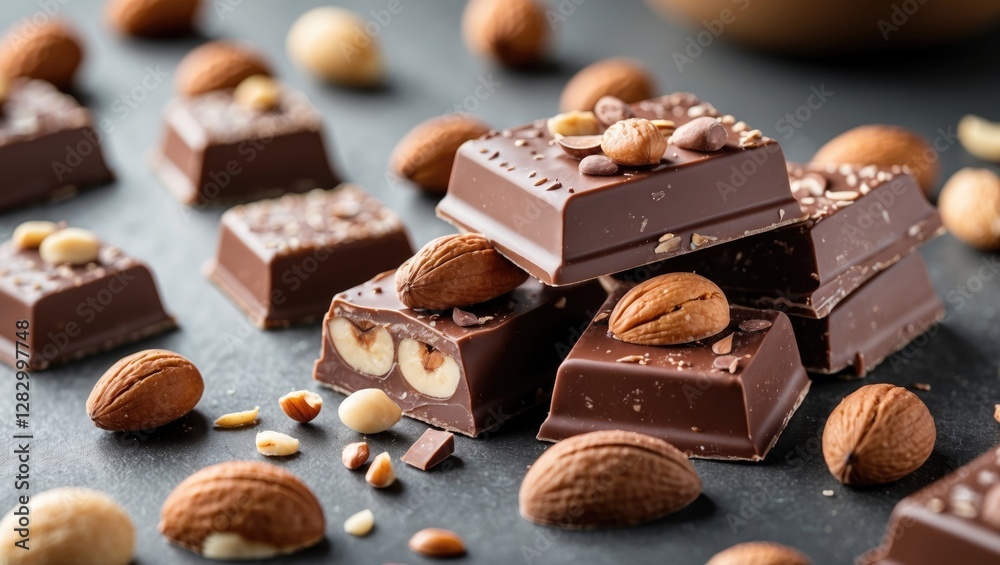 Aufkleber Chocolate bars with nuts and almonds arranged elegantly on a slate surface with scattered nuts in the background