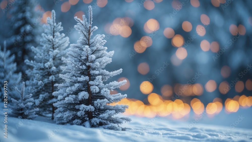 Aufkleber frosted evergreen trees in snowy landscape with soft blurred warm lights in background during winter